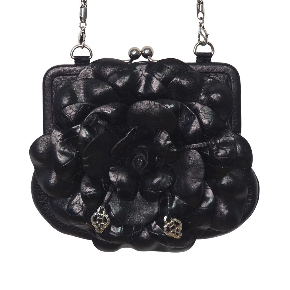 Brighton Black Leather Rose Crossbody Bag with Chain Strap